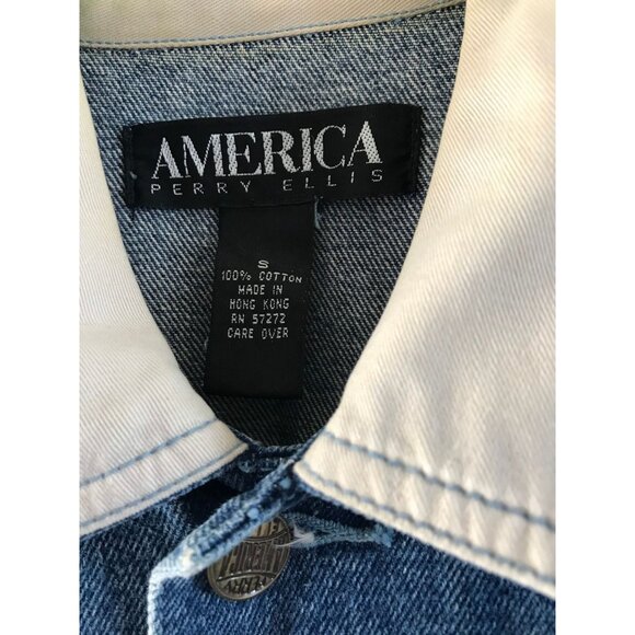 Vtg 1970's Perry Ellis America  Denim Jean Jacket Size S With Neutral Colored Fa - Picture 2 of 9